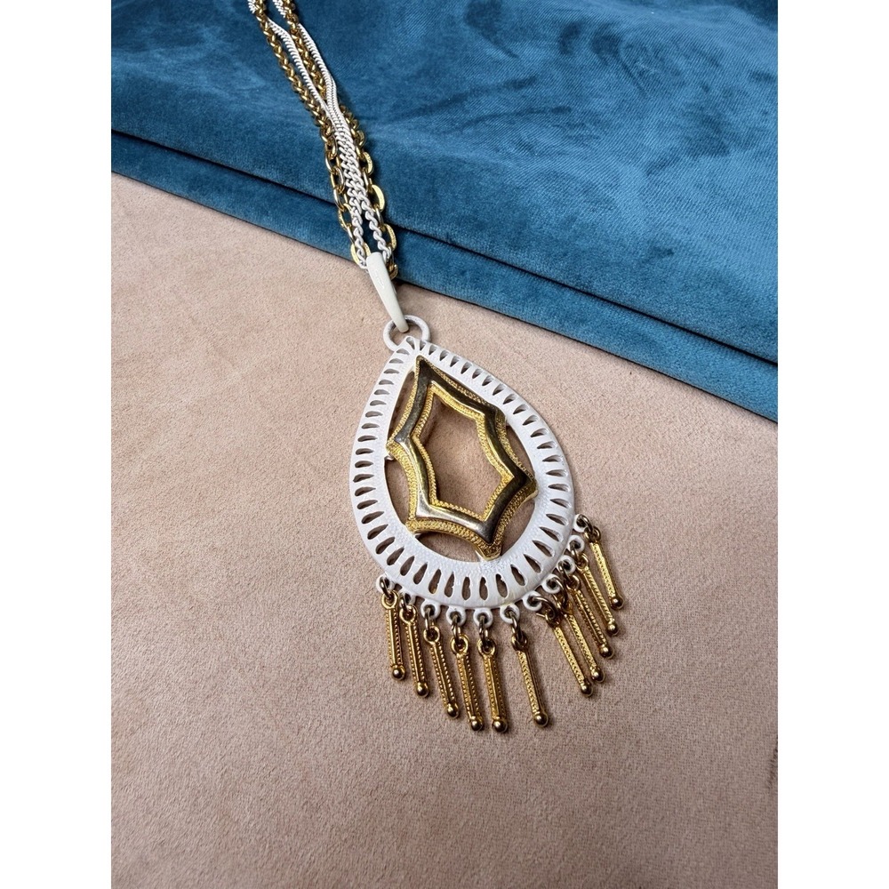 White Enamel & Gold Tone Multi-Strand Fringe Pendant Statement Necklace